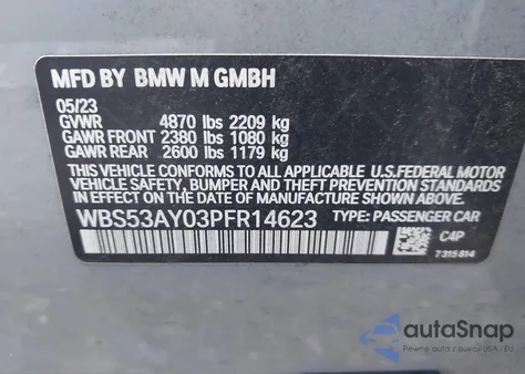 2023 BMW M3 Sedan из США, поврежденный, VIN WBS53AY03PFR14623